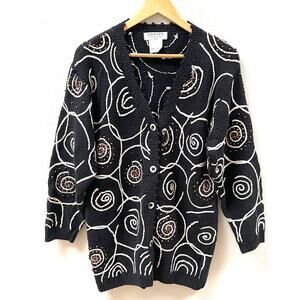 Vintage 80's Jaeger Black Swirl Knit Oversized Cardigan Sweater, Women's Small